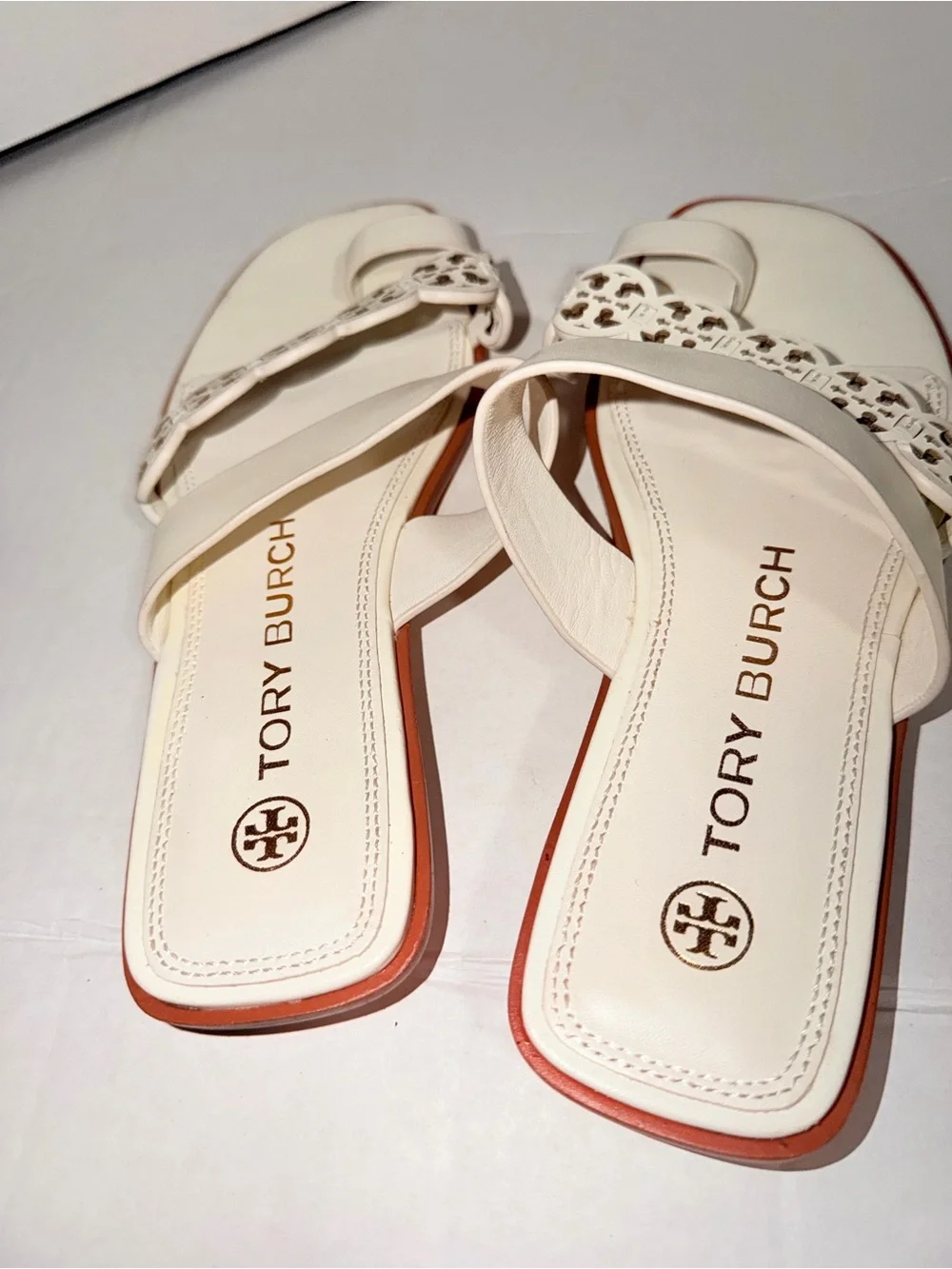 Tory Burch Cream White Miller Logo Chain Slide Sandals